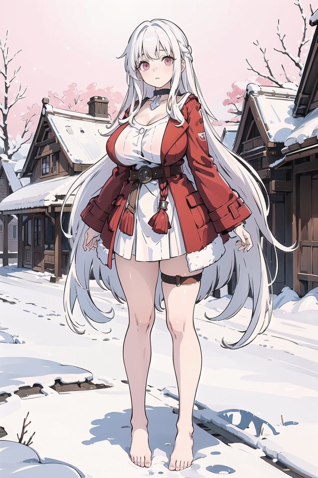 (masterpiece), best quality, perfect face, expressive eyes, young, (loli:1.2), large eyes, (huge breasts:1.2), (standing:1.2), snowy village, oppai_loli, clara, white hair, long hair, pink eyes, bare_feet, hair intakes, white choker, thigh strap, red jacket, red coat, white dress