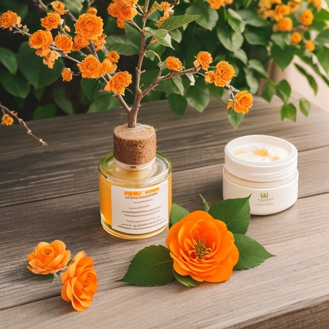 masterpiece, best quality, photography advertising of jar lotion skin care products, myphamhoahong photo, flower, (orange flower:1.8), leaf, branch, petals, plant, gradient, garden, realistic, cold theme, scenery, shadow, still life   