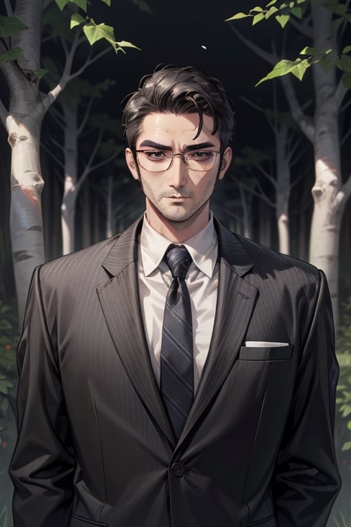 ivy, forest, birch, 1guy, wrinkles, old, middle-aged, businessman, (greying_hair), [black hair], dead eyes, mature, very_short_hair, asian, grey_streaks, slicked_back_hair, bushy_eyebrows,Daigo Dojima, glasses, pattern_clothing, neon tie