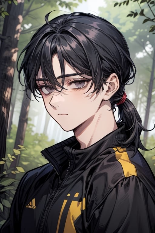 ivy, forest, pine trees, black clothes, portrait, ((1guy)), boy, sole_male, (dark_eyes), (black_eyes), black_hair, disheveled_hair, tired eyes, (sanpaku), bags under eyes, mid-length_hair, ((shoulder-length_hair)), tracksuit, expressionless, mature_male, sidelocks, ((solo)), hairline, low_ponytail,