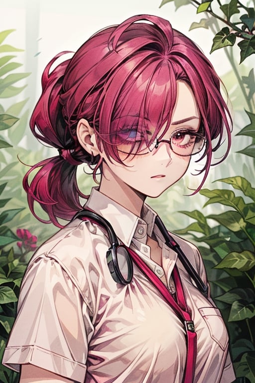 ivy, forest, ferns, 1girl, ((magenta_hair)), rimless_glasses, doctor, ((low_ponytail)), tsurime, milf, asymmetrical_bangs, (hair over one eye), mature, adult, mature_female, brown eyes, short_low_ponytail,low ponytail, makeup, white_shirt, serious