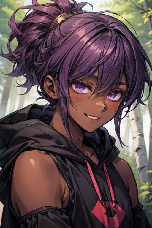 ivy, forest, pine trees, aspen trees, birch tree, hoodie, exposed shoulders, jewelery, portrait, ((1guy)), boy, young, sole_male, femboy, otokonoko, fat_eyebrows, fluffy hair, wavy hair, ((dark skin)), ((dark_purple_hair)), dark hair, folded_ponytail, foldedponytail, ((black_eyes)), ditzy, (effeminate), hair_between_eyes, barrette, curly_hair, jitome, sleepy, drowsy, smiling, smile, sidelocks, hair_curl