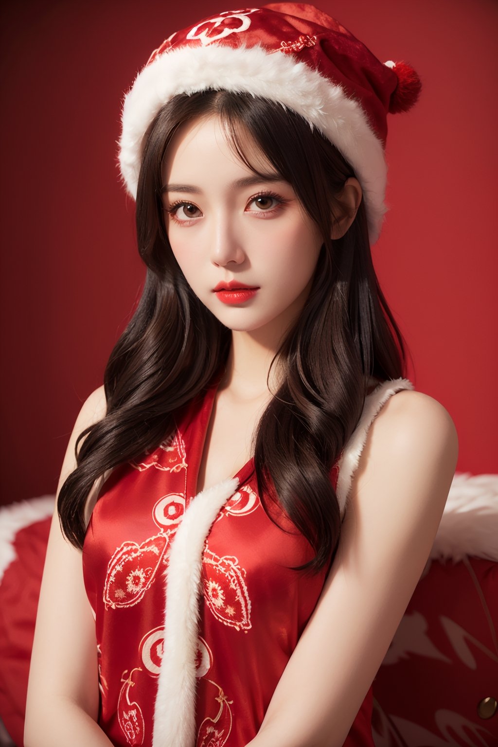 masterpiece, best quality, 1girl, red background, black hair, Long curly hair, face front, ((red fashion silk lone costume with red swirling vortexes pattern)), ((Red Plush Fur Hat)), emotional face, (close up portrait), make up, studio light, photostudio