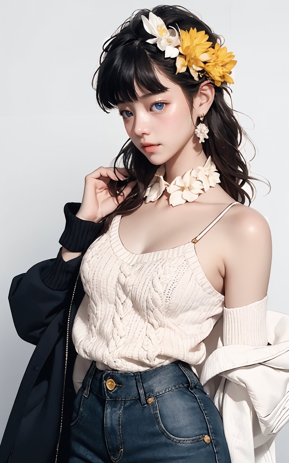 Masterpiece, best quality, official art, highly realistic, (masterpiece), (best quality), (1 girl), black big eyes, bangs, (powder blusher), shoulder length hair, yellow hair, flower hair clips, (blue sweater, shirt collar), small chest, pink shoulder bag, Upper body close-up with white background,Daofa Rune,Fashion Style