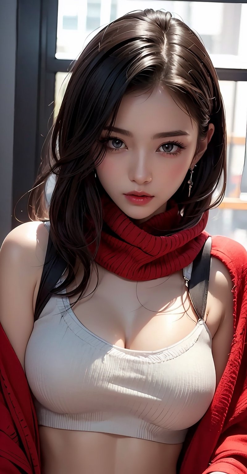  High quality, masterpiece, Portrait,cinematic texture,1girl,sexy_sweater, navel,Scarf,Off shoulder, 1girl,Punk