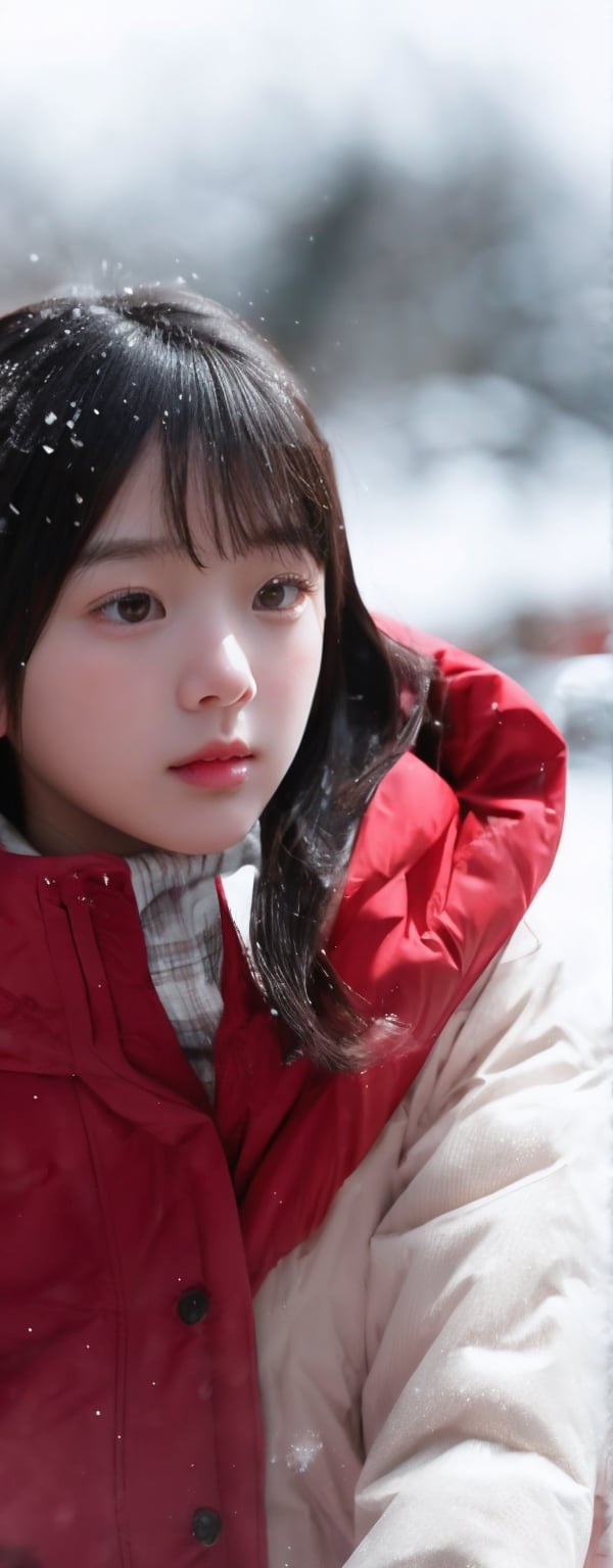  A short-haired girl standing in the snow, Red Coat, head up, breeze blowing hair, snow, snowflakes, depth of field, telephoto lens, messy hair, (close-up) , (sad) , sad and melancholy atmosphere, reference movie love letter, profile, head up, ((floating)) bangs or fringes of hair, eyes focused, half-closed, center frame, bottom to top,
