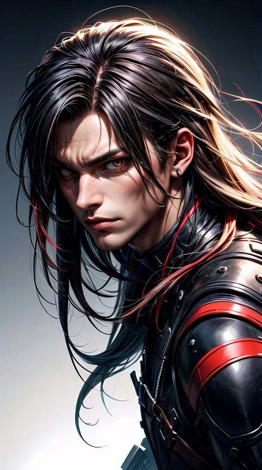 Male , vibrant colors, head and shoulders portrait, long_hair, pale, red_eyes, warrior, werewolf