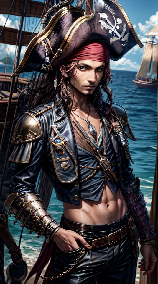 Male, pirate, wearing leather armor and lether pant, looking at the viewer,  Highest quality, best quality, ((masterpiece)), (best quality), (intricately detailed), (surreal), ridiculous resolution, vibrant. leather,pirates of the caribbean,high detail, mysterious, pirate ship, sea
