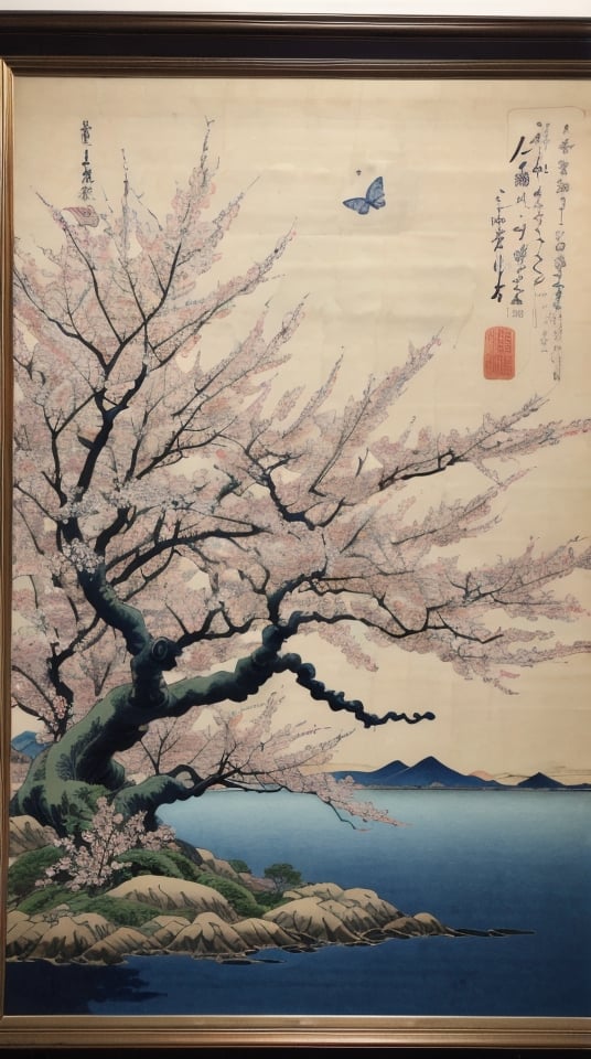 Detailed ukiyo-e of a butterfly garden, Cherry blossom, epic light ,Ukiyo-e, colorful