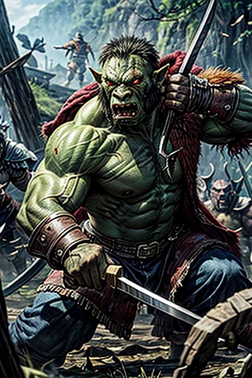 An Orc warrior fighting a human warrior