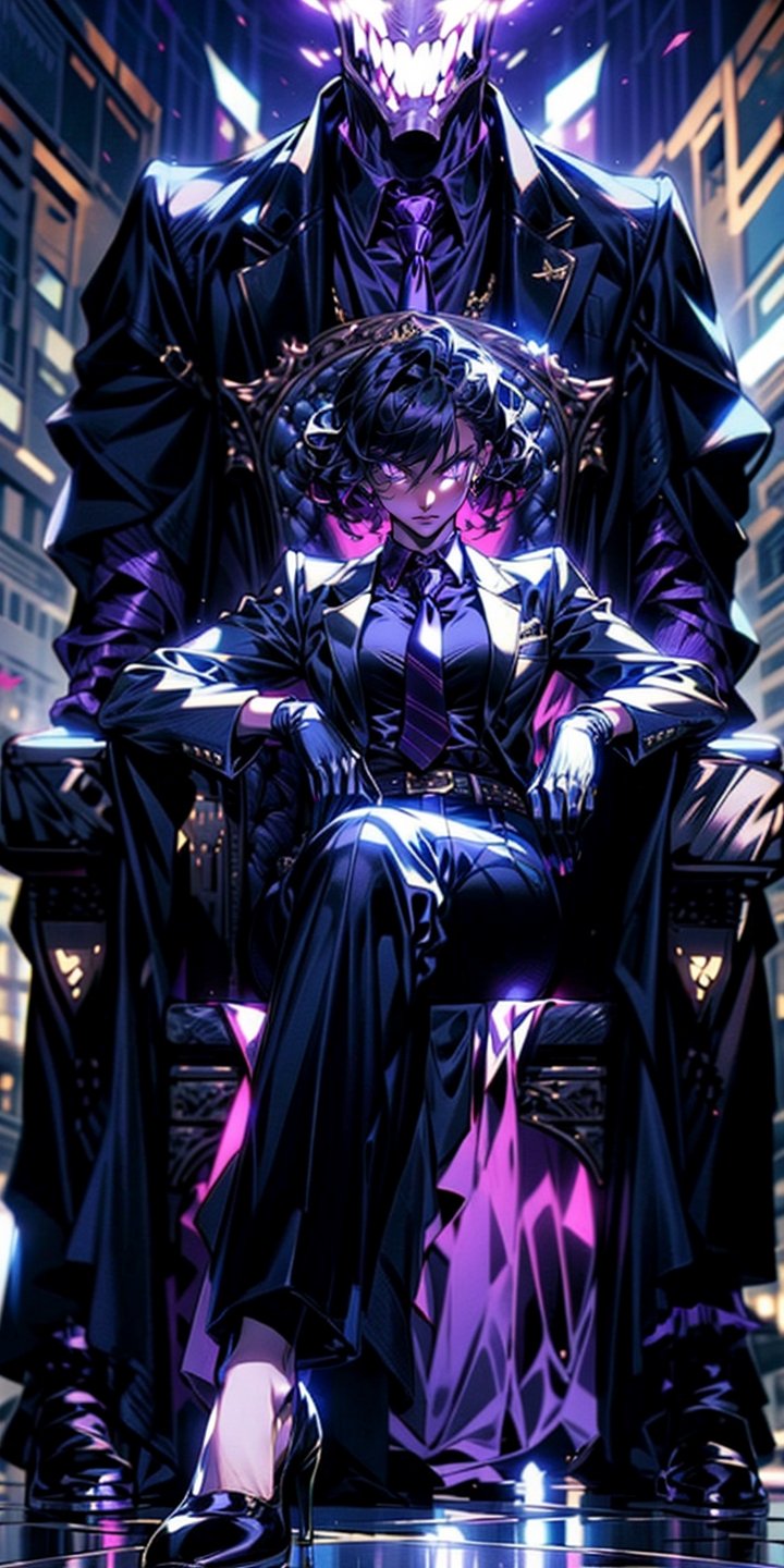 EpicGhost,  solo,  looking at viewer,  short hair,  black hair,  gloves,  1girl ,  sitting,  jacket,  full body,  female focus,  necktie,  shoes,  belt,  pants,  black footwear ,chair,  formal, elegent suit,  glowing eyes,  monster, long curly hair ,  throne, purple theme