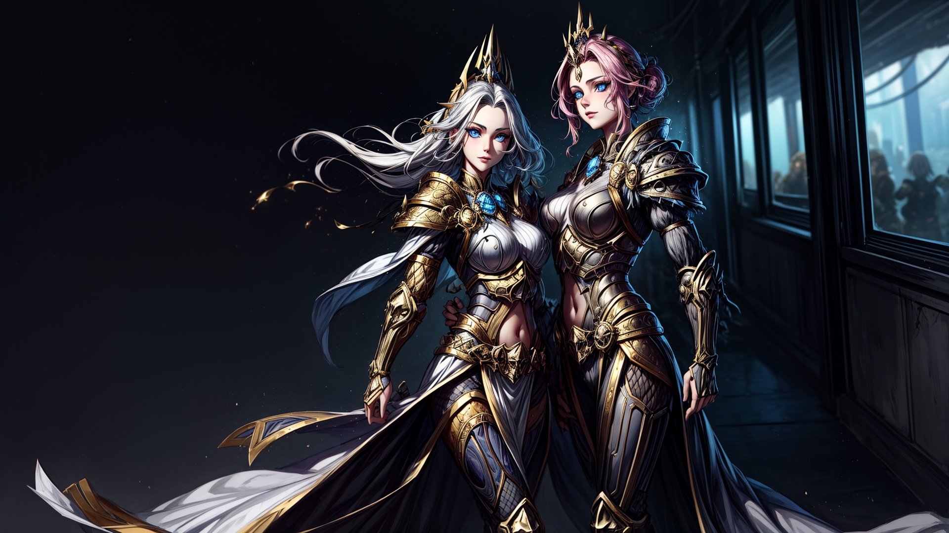 2 girl
random hair 
standing side by side
golden armor
wearing armor  ,Young beauty spirit ,wowdk,photorealistic