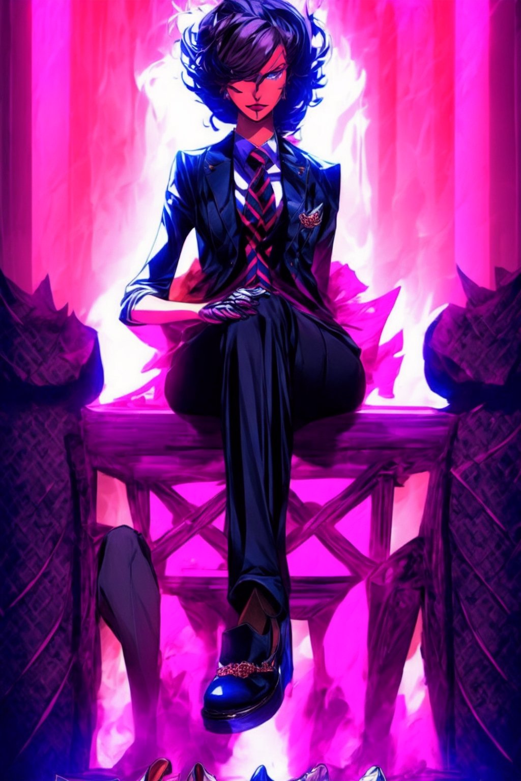 EpicGhost,  solo,  looking at viewer,  short hair,  black hair,  gloves,  1girl ,  sitting,  jacket,  full body,  female focus,  necktie,  shoes,  belt,  pants,  black footwear,  vest,  chair,  formal, elegent suit,  glowing eyes,  monster, long curly hair ,  throne, red theme