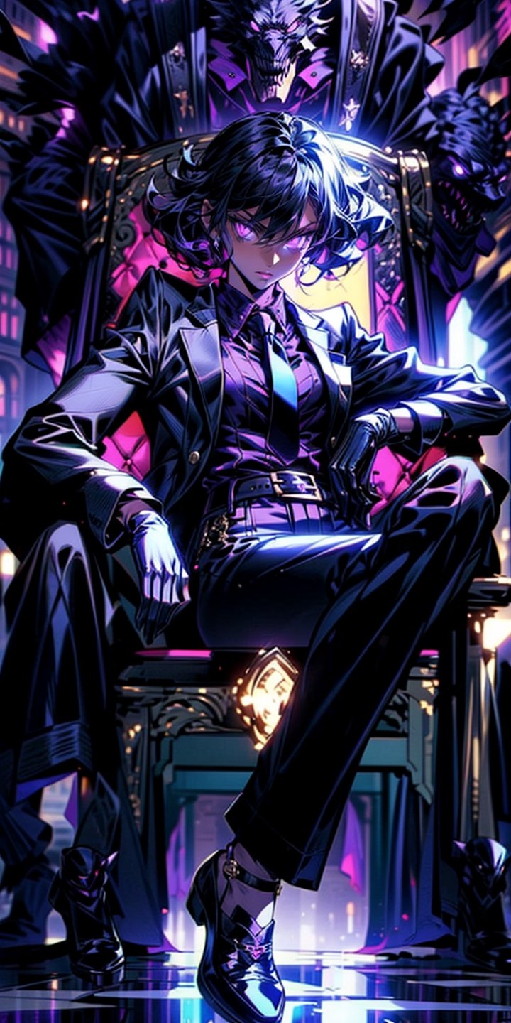 EpicGhost,  solo,  looking at viewer,  short hair,  black hair,  gloves,  1girl ,  sitting,  jacket,  full body,  female focus,  necktie,  shoes,  belt,  pants,  black footwear ,chair,  formal, elegent suit,  glowing eyes,  monster, long curly hair ,  throne, purple theme