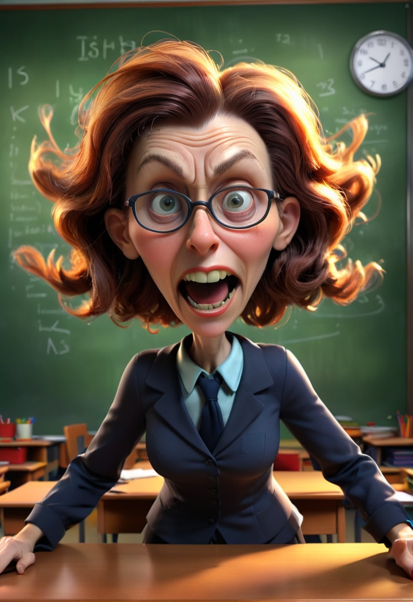 a severe wicked woman teacher on a 3D background with dynamic lighting, vibrant colors, and HDR effects. Classroom background with lot of school details, lot of school thing on the desk,realistic,more detail XL