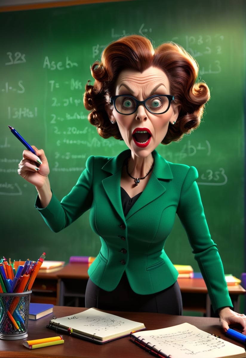 a severe wicked woman teacher on a 3D background with dynamic lighting, vibrant colors, and HDR effects. she brandished a pen in her hand, there are notebooks on the table, the board is full of formulas, Classroom background with lot of school details, lot of school thing on the desk,realistic,more detail XL