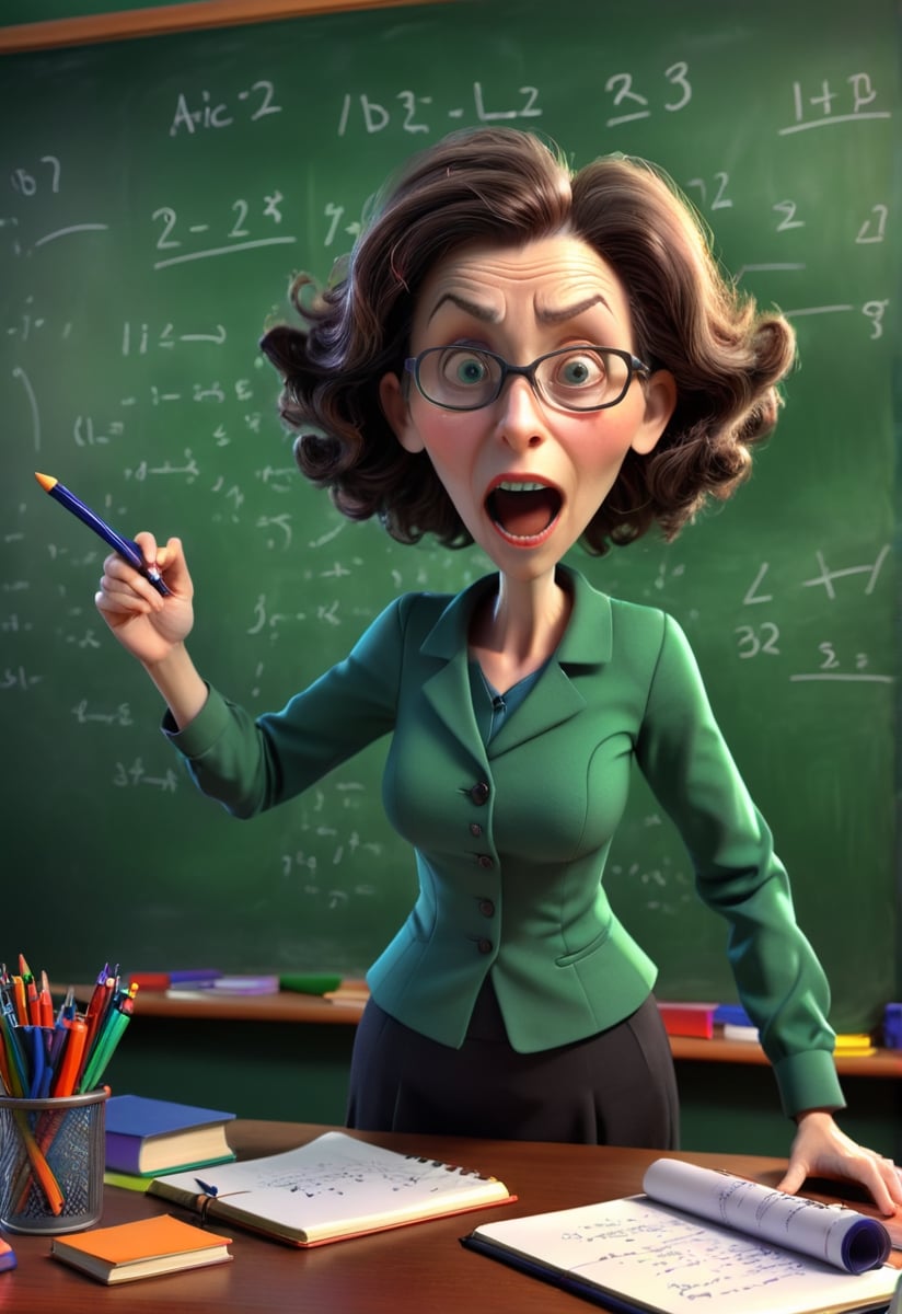 a severe wicked woman teacher on a 3D background with dynamic lighting, vibrant colors, and HDR effects. she brandished a pen in her hand, there are notebooks on the table, (the board is full of formulas:1.1). Classroom background with lot of school details, lot of school thing on the desk,realistic,more detail XL