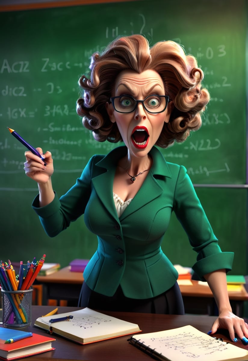 a severe wicked woman teacher on a 3D background with dynamic lighting, vibrant colors, and HDR effects. she brandished a pen in her hand, there are notebooks on the table, (the board is full of formulas:1.1), Classroom background with lot of school details, lot of school thing on the desk,realistic,more detail XL