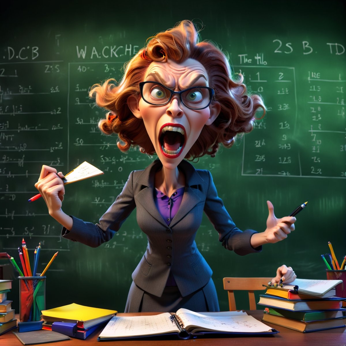 a severe wicked woman teacher on a 3D background with dynamic lighting, vibrant colors, and HDR effects. fury, she brandished a ruler in her hand, there are notebooks on the table, the board is full of formulas, Classroom background with lot of school details, lot of school thing on the desk