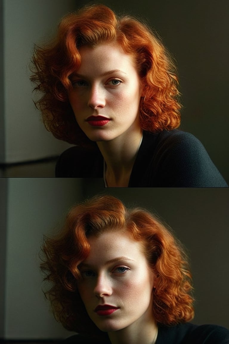 (((Iconic girl lighting but extremely beautiful)))
(((1940s age style)))
(((large red hair curly)))
(((Chiaroscuro light full colors background)))
(((masterpiece,minimalist,epic,
hyperrealistic,photorealistic)))
(((view profile,view detailed,
dutch_angle)))
(((Annie Leibovitz style, by Michael Curtiz style))),Movie Aesthetic,Film_Grain