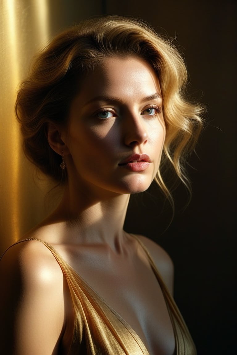 (((Iconic Woman extremely beautiful)))
(((moody atmosphere, ethereal glow, delicate interplay of light and shadow, captivating gaze, artistic expression, emotional resonance)))
(((Chiaroscuro gold colors background)))
(((View zoom,view detailed, dutch_angle)))
(((by Annie Leibovitz style,by Murata_Range style)))