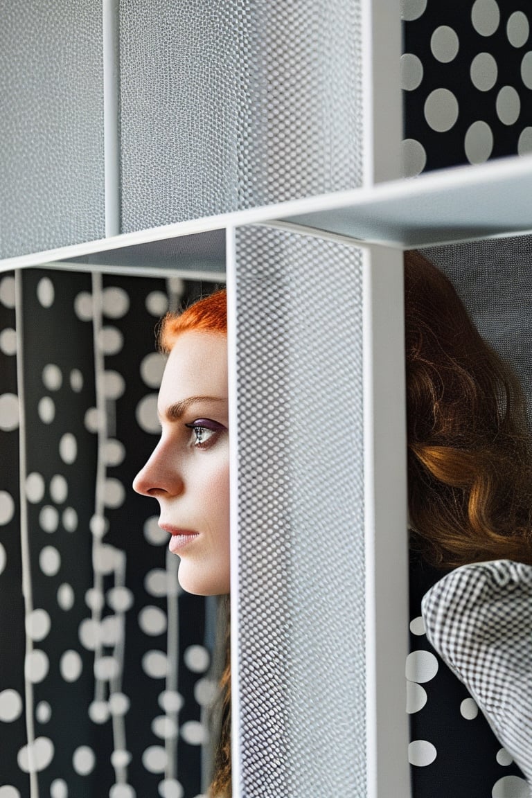 girl looks out of a window, in the style of conceptual light sculptures, polka dots, fashion photography, opaque resin panels, luminous shadows, close-up