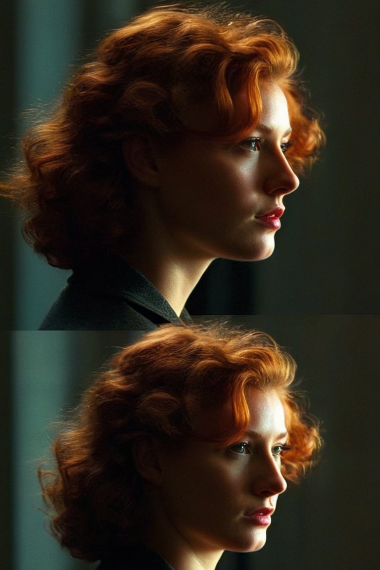 (((Iconic girl lighting but extremely beautiful)))
(((1940s age style)))
(((large red hair curly)))
(((Chiaroscuro light full colors background)))
(((masterpiece,minimalist,epic,
hyperrealistic,photorealistic)))
(((view profile,view detailed,
dutch_angle)))
(((Annie Leibovitz style, by Michael Curtiz style))),Movie Aesthetic,Film_Grain