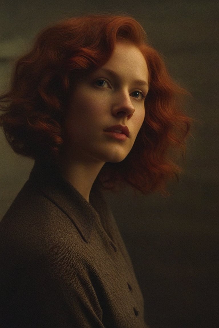 (((Iconic girl lighting but extremely beautiful)))
(((1940s age style)))
(((large red hair curly)))
(((Chiaroscuro light full colors background)))
(((masterpiece,minimalist,epic,
hyperrealistic,photorealistic)))
(((view profile,view detailed,
dutch_angle)))
(((Annie Leibovitz style, by Michael Curtiz style))),Movie Aesthetic,Film_Grain