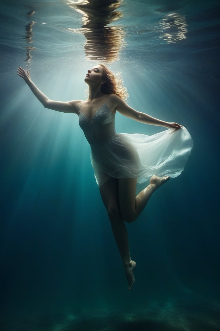 (((Iconic Woman floating underwater extremely beautiful)))
(((moody atmosphere, ethereal glow, delicate interplay of light and shadow, captivating gaze, artistic expression, emotional resonance)))
(((Chiaroscuro vivid colors background)))
(((View zoom,view detailed, dutch_angle)))
(((by Annie Leibovitz style,by Diane Arbus style))),cinematic style