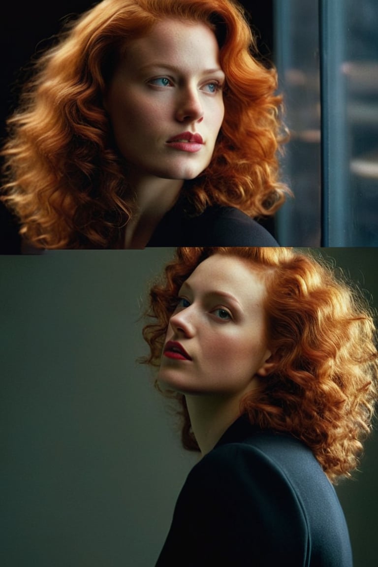 (((Iconic girl lighting but extremely beautiful)))
(((1940s age style)))
(((large red hair curly)))
(((Chiaroscuro light full colors background)))
(((masterpiece,minimalist,epic,
hyperrealistic,photorealistic)))
(((view profile,view detailed,
dutch_angle)))
(((Annie Leibovitz style, by Michael Curtiz style))),Movie Aesthetic,Film_Grain