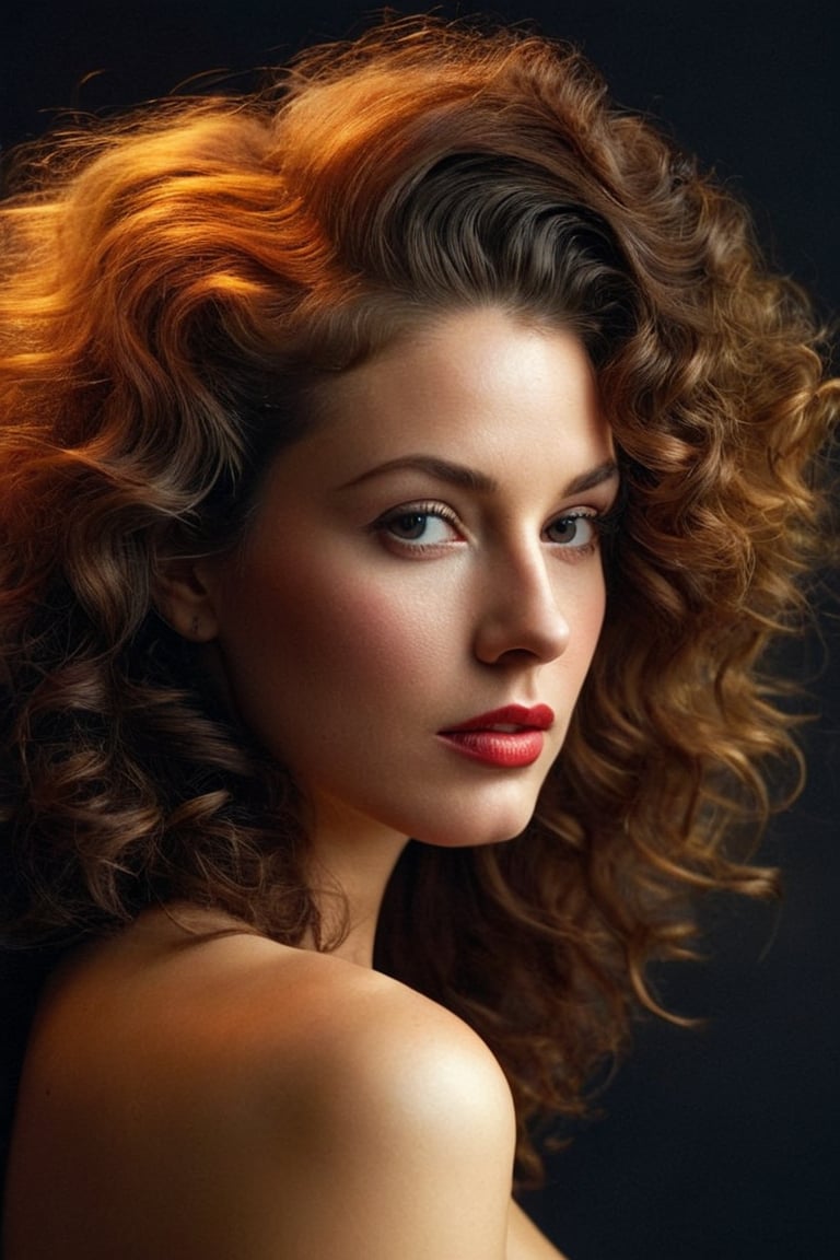 (((Iconic Woman lighting but extremely beautiful)))
(((1940s age style)))
(((large hair curly)))
(((Chiaroscuro light rainbow colors background)))
(((masterpiece,minimalist,epic,
hyperrealistic,photorealistic)))
(((view profile,view detailed,
dutch_angle)))
(((By Annie Leibovitz style, by Michael Curtiz style)))