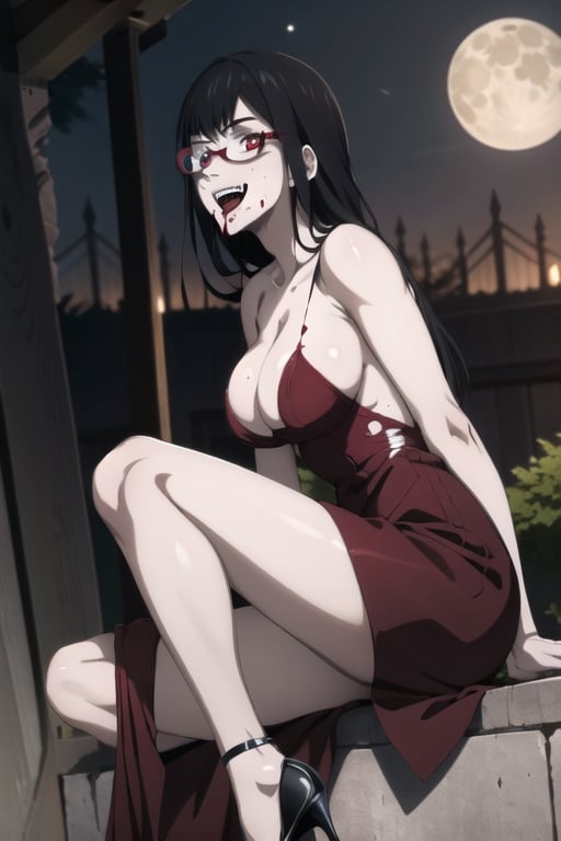 Highly detailed, High quality, Masterpiece, Beautiful, high detailed, high detailed background, (long shot), scenary, city, night sky, full moon, one girl, solo, night blue dress, bare shoulders, high heels, leg slit dress, slim, big breasts, smile, open mouth, vampire fangs, vampiric, blood dripping from mouth, red eyes, red lips, expressionless, red lips, looking_at_viewer, arms at sides, sexy vampire girl, lolopechka, black hair, bangs, long hair, glasses,Vampire, close up ,viewed_from_side,sitting,