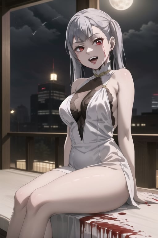 Highly detailed, High quality, Masterpiece, Beautiful, high detailed, high detailed background, (long shot), scenary, city, night sky, full moon, Anime, one girl, solo, night white dress, bare shoulders, high heels, leg slit dress, slim, big breasts, smile, open mouth, vampire fangs, vampiric, blood dripping from mouth, red eyes, red lips, expressionless, red lips, looking_at_viewer, arms at sides, sexy vampire girl, noelle_silva, silver hair, twintails, bangs,Vampire, close up, sitting