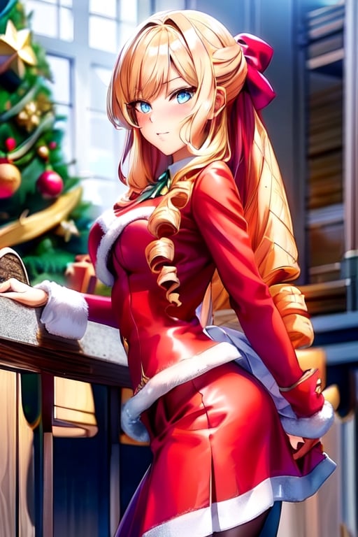 ultra detailed, masterpiece, best quality, solo, blushing, drill hair, hair bow, blue eyes, bow, blonde hair, long hair,drill hair,look at viewer, 1girl, medium breasts,  mature girl, christmas scenery, Santa Claus,fantasy00d,ClaireFran