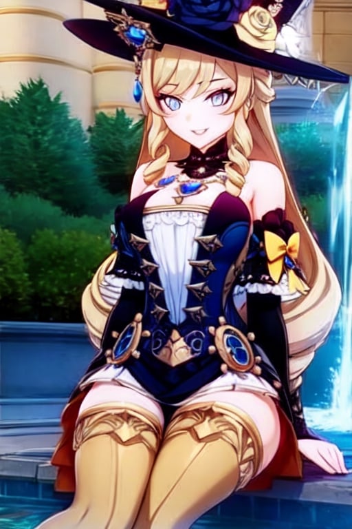(extremely detailed CG), masterpiece, (best quality), 1girl, perfect face, bright pupils, (finely detailed beautiful eyes), looking_at_viewer, wide hips, narrow waist, NaviaGenshin, very long hair, large breasts,hat, bare shoulders, dress, jewelry, detached sleeves, gem, elbow gloves, thighhighs, bare_foot, legs on water, flower garden scenery, smile, open_mouth, sitting on fountain, mature_woman, sexy pose, full look