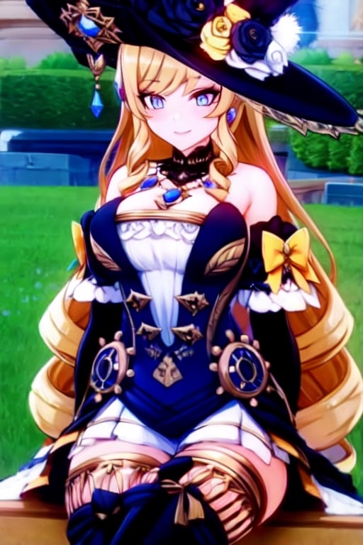 (extremely detailed CG), masterpiece, (best quality), 1girl, perfect face, bright pupils, (finely detailed beautiful eyes), looking_at_viewer, wide hips, narrow waist, NaviaGenshin, very long hair, large breasts,hat, bare shoulders, dress, jewelry, detached sleeves, gem, elbow gloves, thighhighs, thigh boots, flower garden scenery, smile, sitting, mature_woman