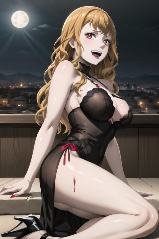 Highly detailed, High quality, Masterpiece, Beautiful, high detailed, high detailed background, (long shot), scenary, city, night sky, full moon, one girl, solo, night black dress, bare shoulders, high heels, leg slit dress, slim, big breasts, smile, open mouth, vampire fangs, vampiric, blood dripping from mouth, red eyes, red lips, expressionless, red lips, looking_at_viewer, arms at sides, sexy vampire girl, mimosa vermillion, long hair, bangs, orange hair,Vampire, close up , viewed_from_side, sitting,