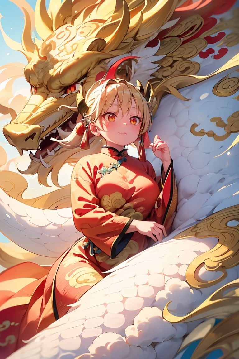 best quality, masterpiece,	(Cute chinese girl, mature girl),	(ancient chinese theme:1.4), (In the background, a golden dragon), ( chinese_clothes, long golden dress), (a fine beard:1.3), (a gentle smile:1.1),	large breasts, cinematic lighting, ambient lighting, sidelighting, cinematic shot, long wave blonde hair, beautiful and aesthetic, vibrant color, Exquisite details and textures, cold tone, ultra realistic illustration,siena natural ratio, anime style, Gold Dragon Printing, gold dress,	ultra hd, realistic, vivid colors, highly detailed, UHD drawing, perfect composition, ultra hd, 8k, he has an inner glow, stunning, something that even doesn't exist, mythical being, energy, molecular, textures, iridescent and luminescent scales, breathtaking beauty, pure perfection, divine presence, unforgettable, impressive, breathtaking beauty, Volumetric light, auras, rays, vivid colors reflects.,dragonbaby,tohru, dragon horns, twin ponytails 