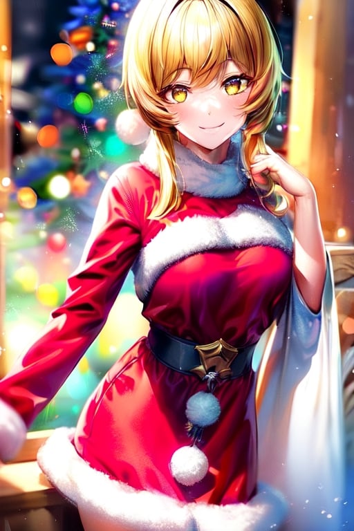 ultra detailed, masterpiece, best quality, solo, soft smile, light smile, look at viewer, 
1girl, yellow eyes, medium breasts,  mature girl, christmas scenery, luminedef,Santa Claus,fantasy00d,lumine_genshin