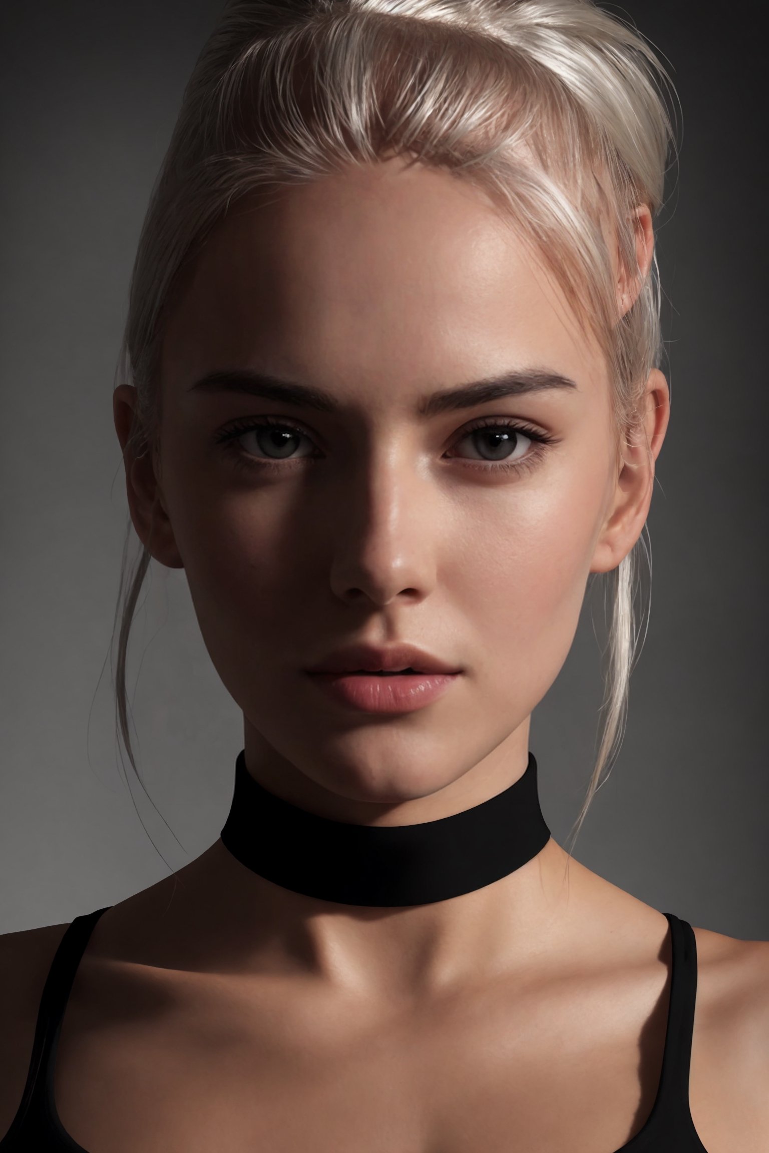 woman wearing tank top, platinum hair in a bun, photo, rule of thirds, dramatic lighting, detailed face, detailed nose, white unblemished english skin, collar or choker, smirk, factory background, realism, realistic, raw, analog, full-body_portrait, photorealistic, analog, 

(perfect lighting)(realistic:1.5)(photorealistic:1.2)( photo-realistic:1.37)Naturalistic,	extremely high-resolution details, ultra realistic illustration,	realism pushed to extreme, extremely defined blacks, extremely high contrast, volumetric light, volume
