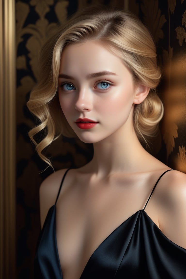 (((1girl)))(standing:1.6)very detailed illustration, fushion of photorealism and 2D graphic, beautiful golden haired young girl with pale blue eyes, 20 yo,  , wearing a black silk dress, (elegant black gown:1.3)a slight smile,  wallpaper style, leaning at the wall, dark palette, dramatic lighting

(perfect focus:1.2)((8k, RAW photo, highest quality, photo shoot from thigh to head, masterpiece), High detail RAW colour photo professional photo,
(realistic:1.5)(photorealistic:1.2)( photo-realistic:1.37)(perfect lighting)(hyperrealistic:1.4)side_view_perspective, (Exquisitely detailed symmetrical face)
(youthful and exciting appearance:1.4)
(realistic iris)
(realistic pupils)
(red_lipstick:1.2)blonde updo hair, nude breasts(((small boobs:0.5)))((perky breasts:0.1))perfect nipples,

