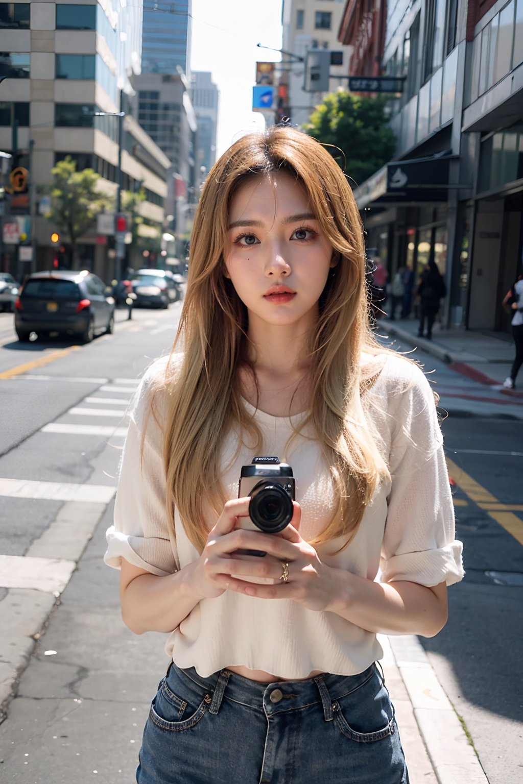 generally attractive instagram model, blonde hair, downtown los angeles, street view, golden hour, distance from camera 5m, make it look realistic, wide lens using a canon EF 20mm f/1.8 USM, 8K--v5.2 j