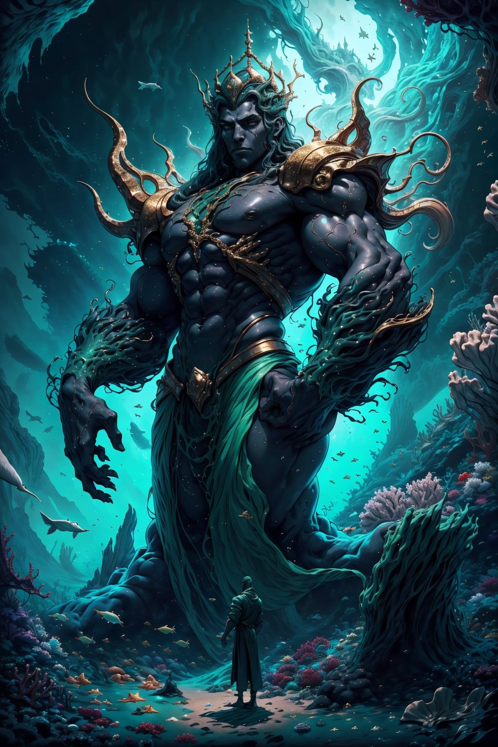 a scene where a tall and athletic dark skin man ( god of the ocean) , rising from the ground at an imposing height, flowing hair, magnificent crown,  encounters a young man significantly shorter than her. background theme is the ocean,  beautiful green and blue and gold tones, Explore the dynamics of their interaction, capturing the contrasts in physicality and perhaps delving into the unexpected connection or conflict that arises between the two characters. Consider how their respective statures influence their dialogue, body language, and the overall atmosphere of the encounter, 8k, interactive image, highly detailed, .,sciamano240,fantasy00d
