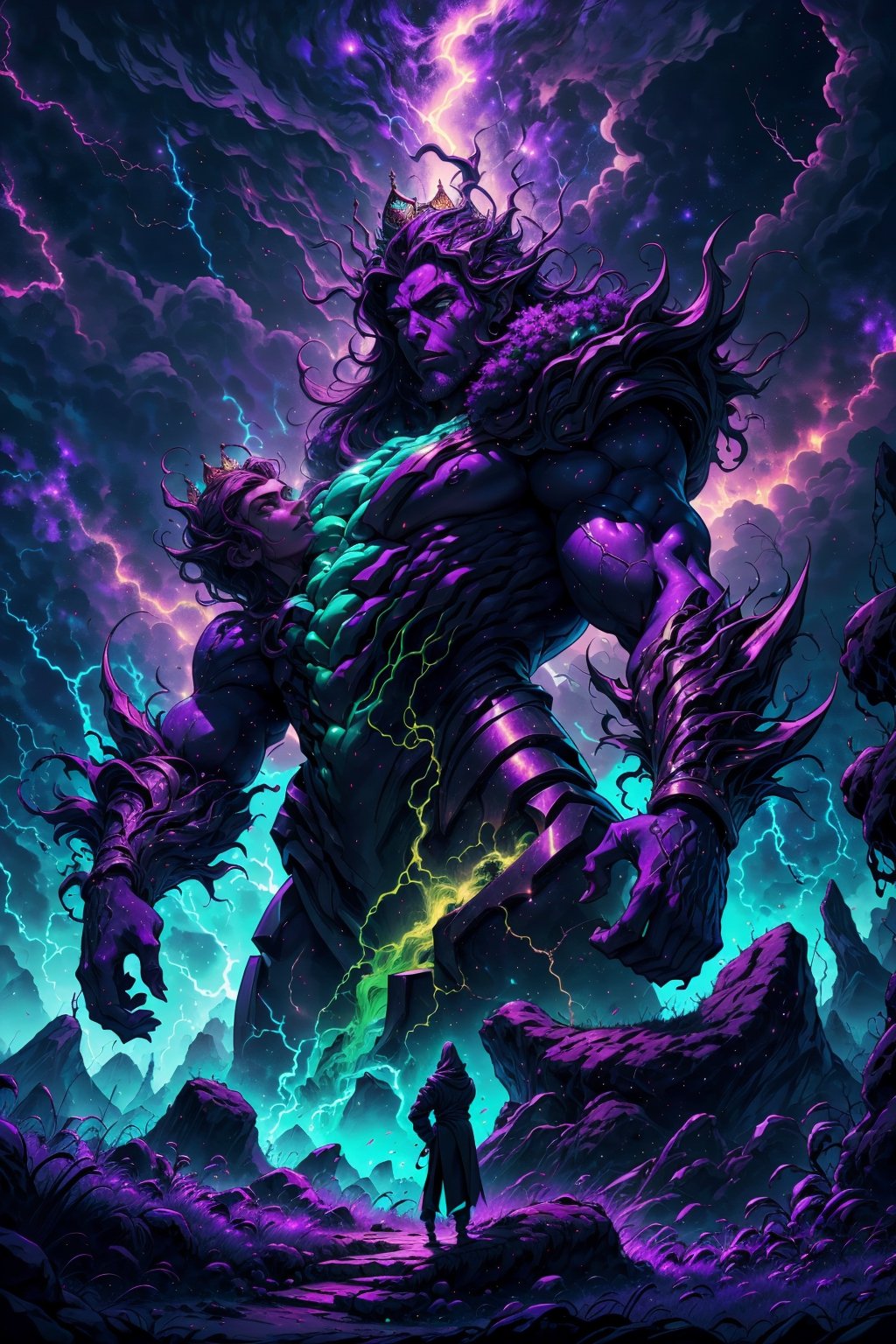 a scene where a tall and athletic dark skin man ( god of the storm) , rising from the ground at an imposing height, flowing hair, magnificent crown,  encounters a young man significantly shorter than her. background theme is lightning storm,  beautiful purple and gold and green tones, Explore the dynamics of their interaction, capturing the contrasts in physicality and perhaps delving into the unexpected connection or conflict that arises between the two characters. Consider how their respective statures influence their dialogue, body language, and the overall atmosphere of the encounter, 8k, interactive image, highly detailed, .,sciamano240,fantasy00d