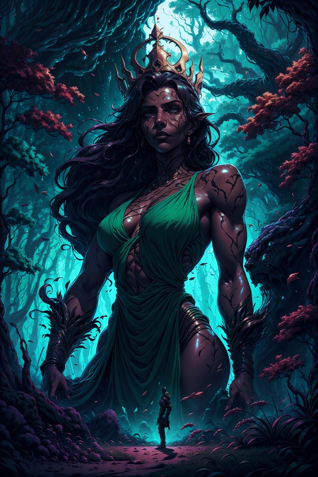 a scene where a tall and athletic dark skin man ( god of the forrest) , rising from the ground at an imposing height, flowing hair, magnificent crown,  encounters a young man significantly shorter than her. background theme is the dark forrest,  beautiful green and and gold tones, Explore the dynamics of their interaction, capturing the contrasts in physicality and perhaps delving into the unexpected connection or conflict that arises between the two characters. Consider how their respective statures influence their dialogue, body language, and the overall atmosphere of the encounter, 8k, interactive image, highly detailed, .,sciamano240,fantasy00d