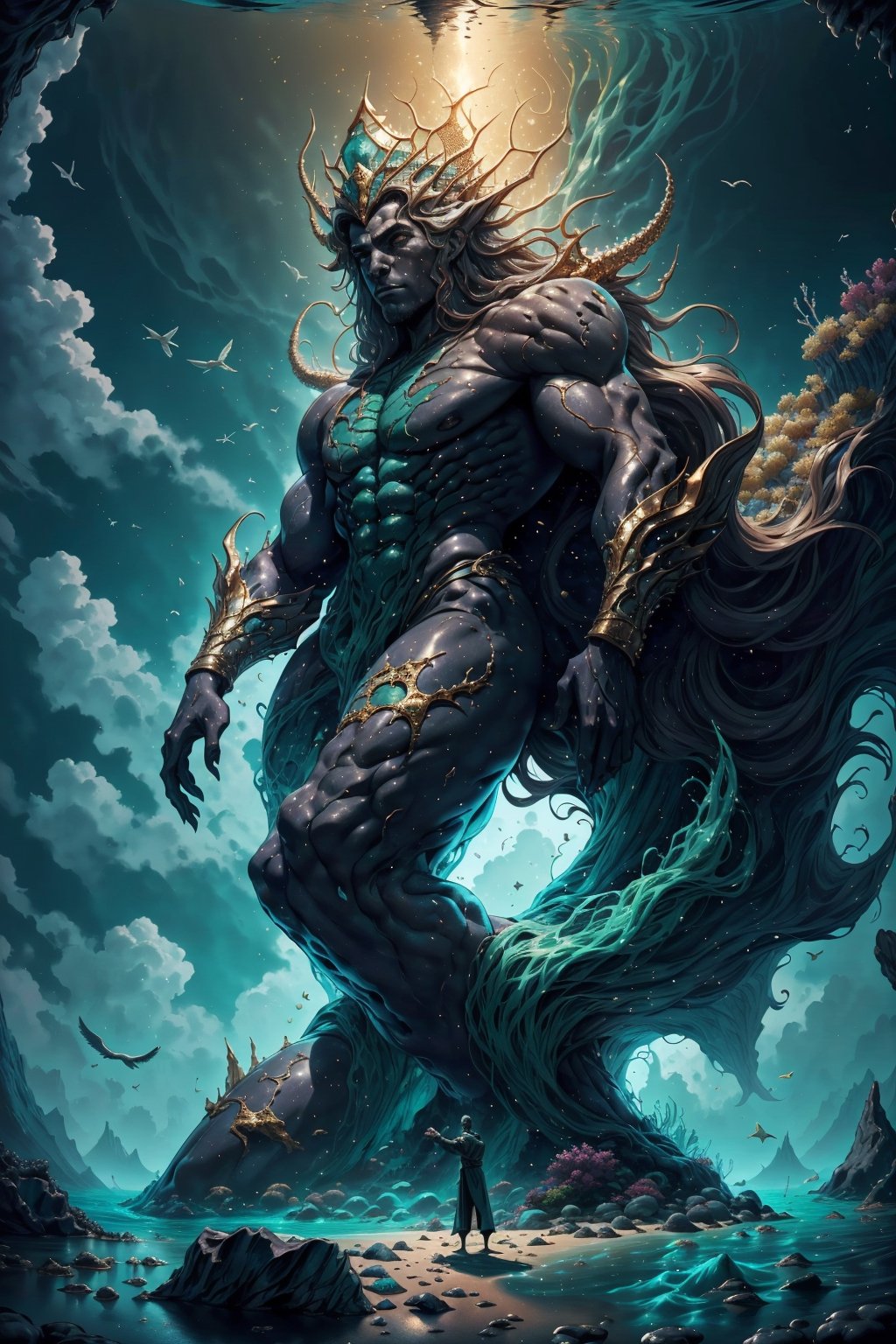 a scene where a tall and athletic dark skin man ( god of the ocean) , rising from the ground at an imposing height, flowing hair, magnificent crown,  encounters a young man significantly shorter than her. background theme is the ocean,  beautiful green and blue and gold tones, Explore the dynamics of their interaction, capturing the contrasts in physicality and perhaps delving into the unexpected connection or conflict that arises between the two characters. Consider how their respective statures influence their dialogue, body language, and the overall atmosphere of the encounter, 8k, interactive image, highly detailed, .,sciamano240,fantasy00d