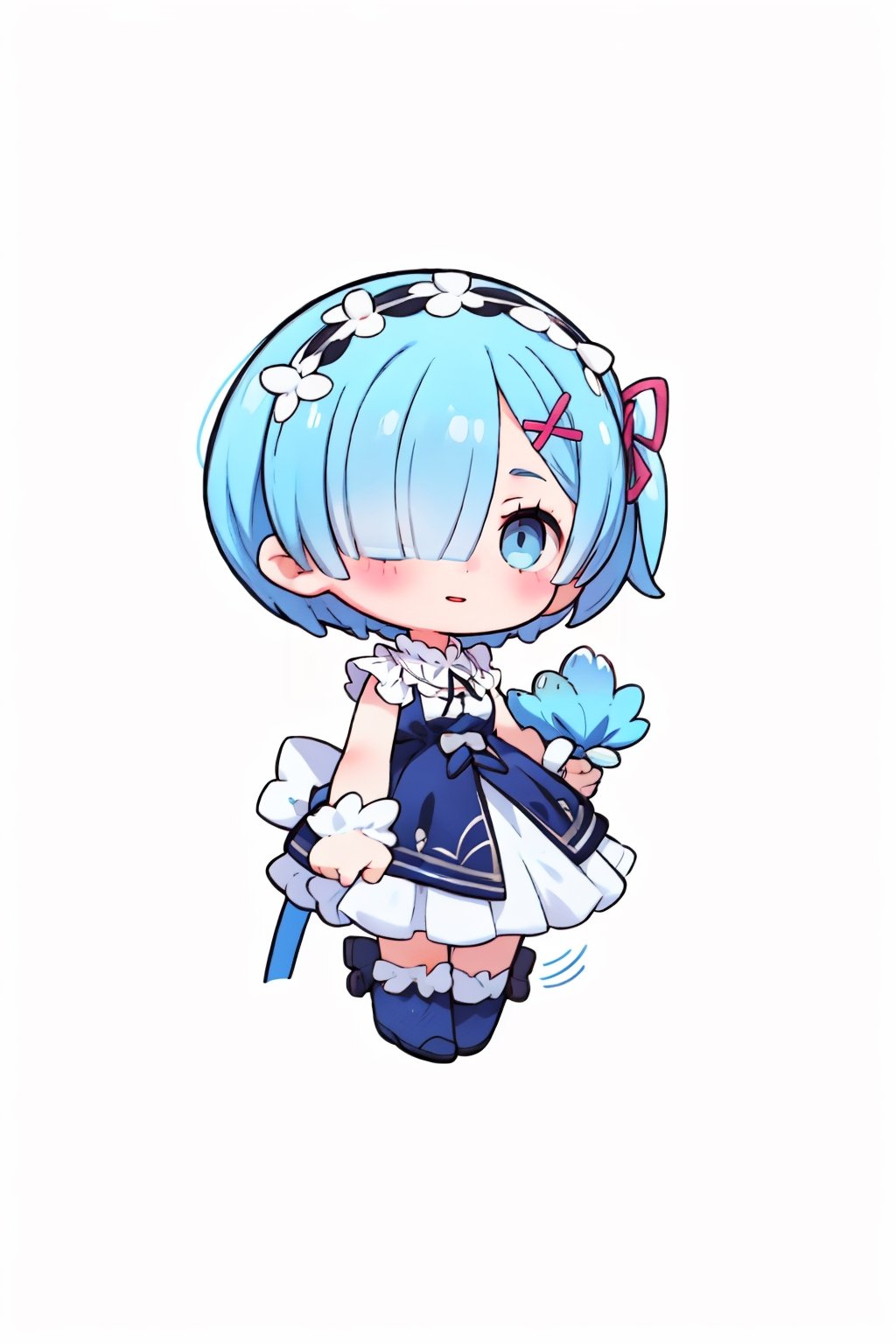 one Female,Chibi character,Educator,soft hair, short hair,Dark gray eyes,Intellectual smile, flat chest,BREAK,Simple sleeveless maid dress,simple skirt,BREAK,aausagi,She has sky blue hair that covers her right eye, large light blue eyes and has hair clips towards the left side of her hair, a flower-shaped ribbon on the same side of her hair, and a maid hairband,rem, simple background