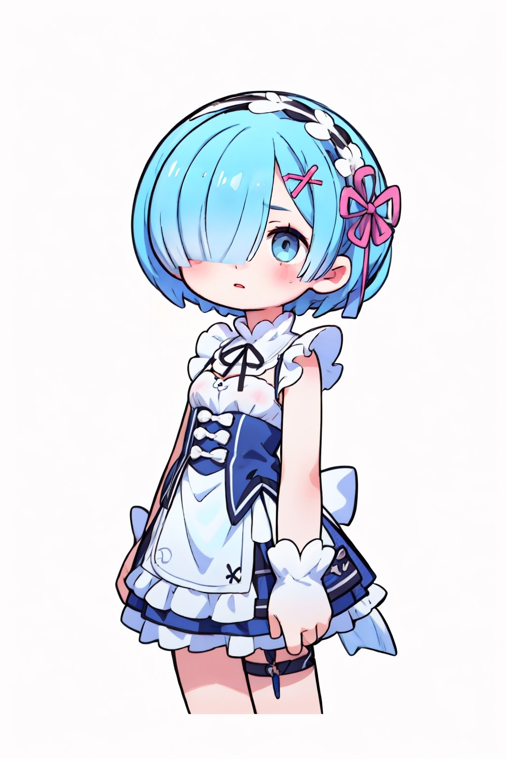 one Female,Chibi character,Educator,soft hair, short hair,Dark gray eyes,Intellectual smile, flat chest,BREAK,Simple sleeveless maid dress,simple skirt,BREAK,aausagi,She has hair clips towards the left side of her hair, a flower-shaped ribbon on the same side of her hair, and a maid hairband,rem, sky blue hair that covers her right eye
