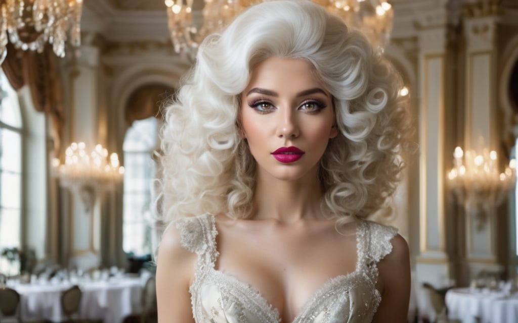 cinematic photo, upper body shot, gorgeous Georgian era woman, shoulders back, head held high, grand elaborate white powdered wig, towering wig with curls and waves, delicate ornaments, well-defined eyebrows, subtle rouge cheeks and kohl, delicate lace ruffle, silk skirt. lavish Georgian ballroom, crystal chandeliers, gilded furnishings. 35mm photograph, film, bokeh, professional, 4k, highly detailed