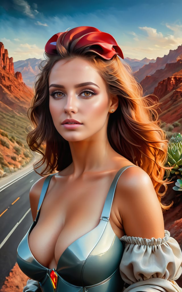 Best quality, masterpiece, realistic, 1girl, dramatic 50s style, epic photo of an elegant woman, landscape of a ([USA|Palikir]:1.3) from inside of a Freeway, it is very Sensual and Delightful, Red mountains with Succulent, Clear skies, detailed, masterpiece, Hopeful, Fauvism, Dramatic spotlight, F/1.8, Film Washi, RTX, adobe lightroom, (magic realism), (Odd Nerdrum:1.0), photo r3al, detailmaster2,